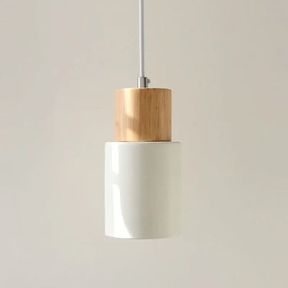 Nordic wood and metal single pendant light with cylindrical white ceramic body and solid wood top for kitchen use