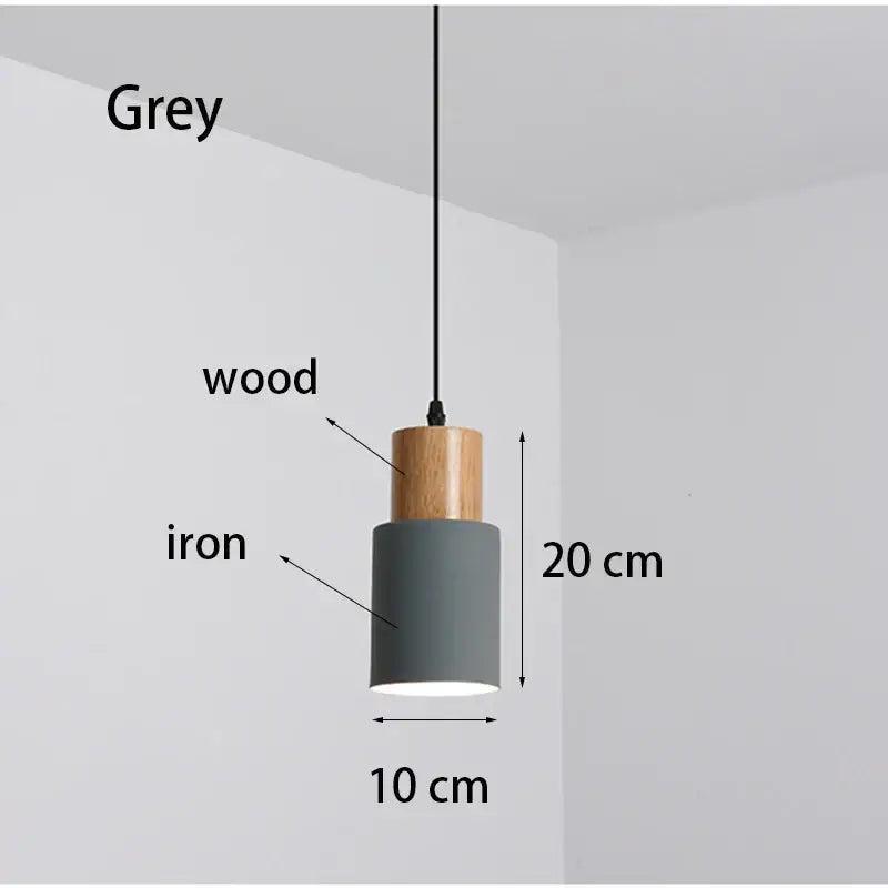 Nordic wood and metal single pendant light with cylindrical grey iron body and solid wood top for kitchen or dining room