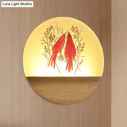 Nordic wood bird acrylic wall lamp with warm yellow glow and intricate red bird design on translucent material wall fixture
