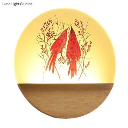 Nordic wood bird acrylic wall lamp with warm yellow glow and red birds design, ideal bedroom led fixture type