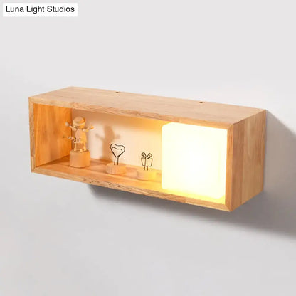 Nordic wood wall lamp with light wood finish rectangular shelf and glowing illuminated panel using LED bulb base