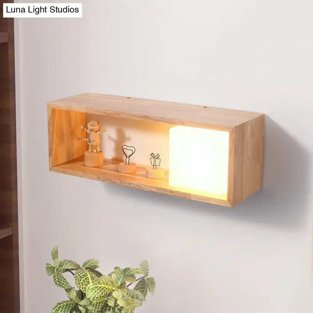 Nordic wood wall lamp with lighted wooden shelf featuring warm glow minimalist design and e27 bulb base for bedroom use