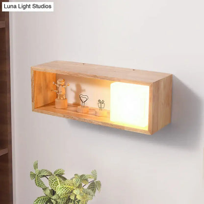 Nordic wood wall lamp with lighted wooden shelf featuring warm glow minimalist design and e27 bulb base for bedroom use
