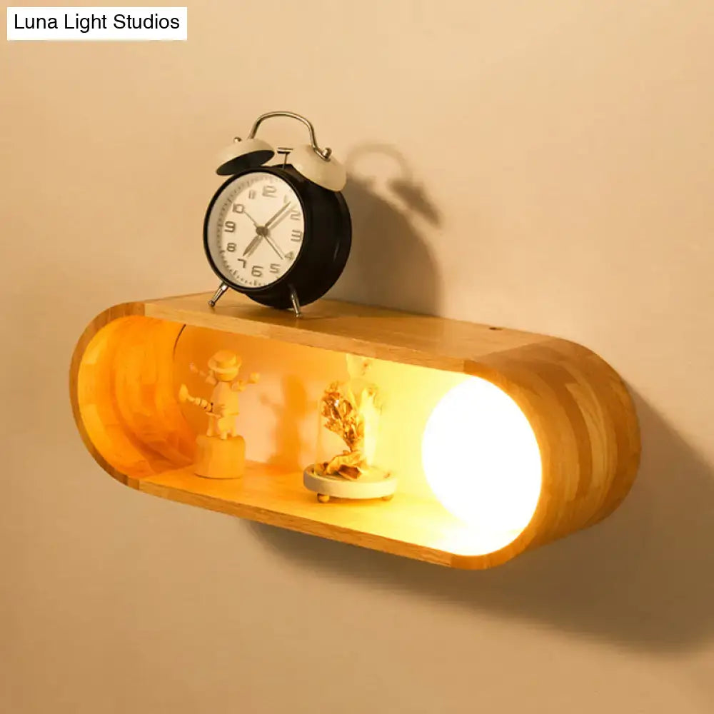 Nordic wood wall lamp with warm-toned wooden shelf and integrated led lighting fixture width suitable for bedroom use