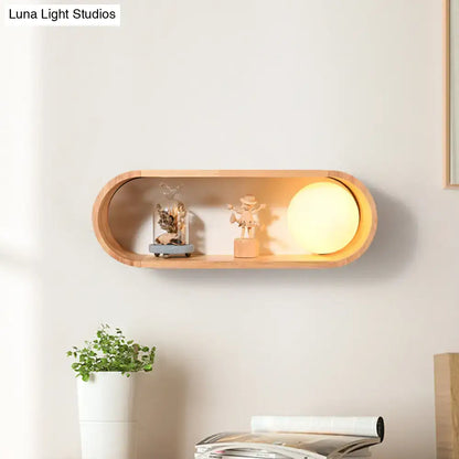 Nordic wood wall lamp with warm-toned oval wooden shelf and softly glowing spherical lamp light type with bulb base