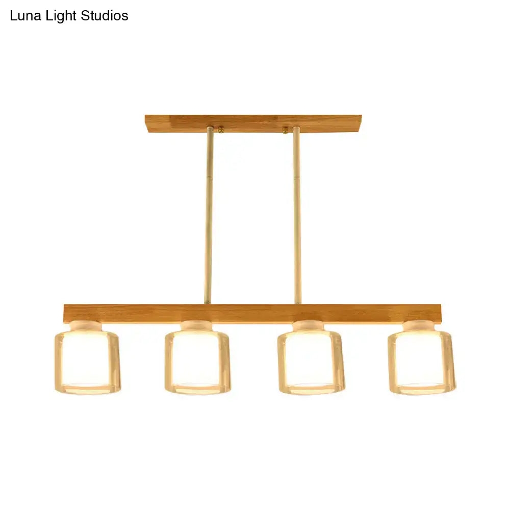 DecorBites nordic wooden linear pendant light with warm bamboo frame and four frosted glass shades suspended by brass rods