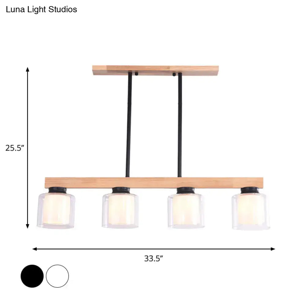DecorBites Nordic wooden linear pendant light with natural wood frame black metal rods and four clear glass shades