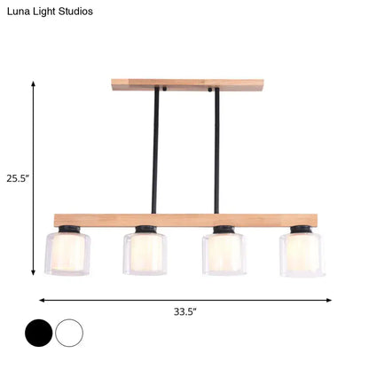 DecorBites Nordic wooden linear pendant light with natural wood frame black metal rods and four clear glass shades