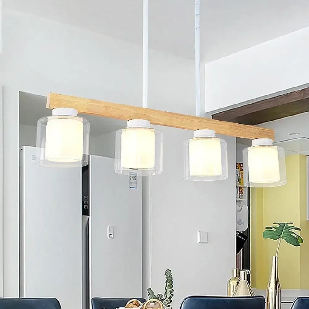 Modern minimalist DecorBites Nordic wooden linear pendant with natural wood bar and four clear glass cylinder shades