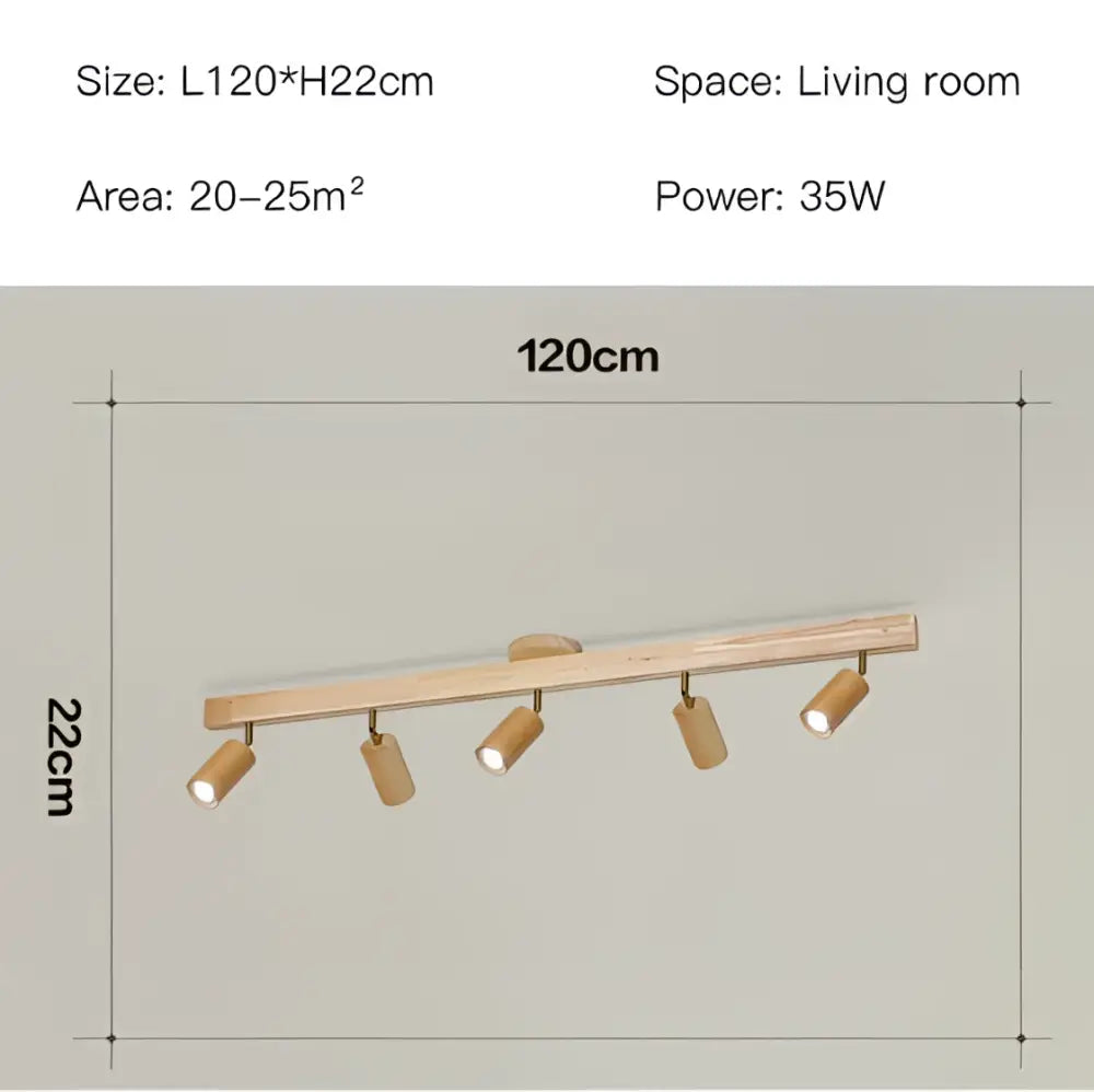 Nordic woodentrack led ceiling spotlight in light wood finish with five adjustable spotlights for living room lighting