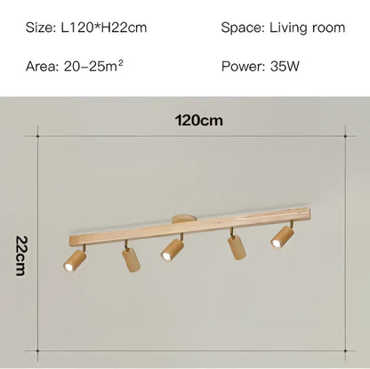 Nordic woodentrack led ceiling spotlight in light wood finish with five adjustable spotlights for living room lighting