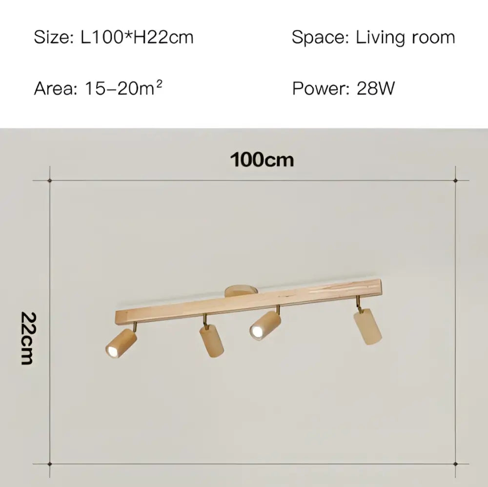 Nordic woodentrack led light wood-finished track lighting fixture with four adjustable led ceiling spotlights for living room