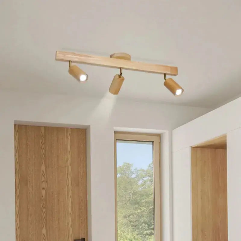 Nordic woodentrack led wood finished ceiling spotlight with three adjustable cylindrical spotlights for living room