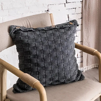 Gray woven knit pillow cover with textured basketweave pattern and wooden buttons, ideal for living room decorbites knit pillow