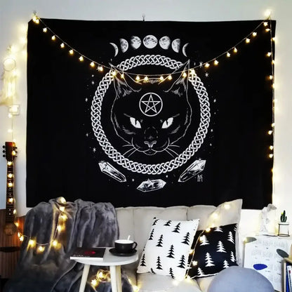 Occult black cat coven tapestry with white line-art cat face pentagram celtic knot and moon phases for mysterious cat coven decor