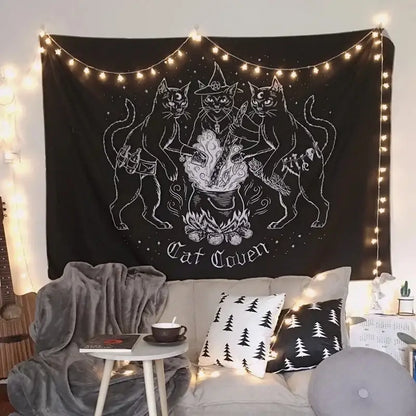 Occult black cat coven tapestry with white line-art cats around cauldron and string lights for bedroom wall art