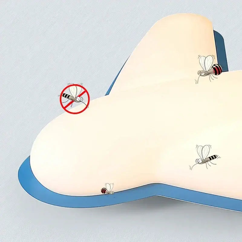 Off-white airplane ceiling chandelier shaped like a cream cloud with blue border and cartoon mosquito illustrations for children