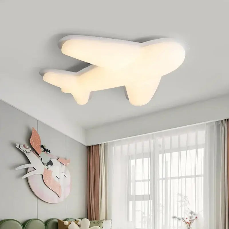 Off-white airplane ceiling chandelier with a soft diffused glow designed for children’s room lighting
