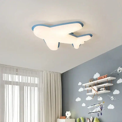 Off-white airplane ceiling chandelier with blue trim designed as a ceiling chandelier for children’s room lighting