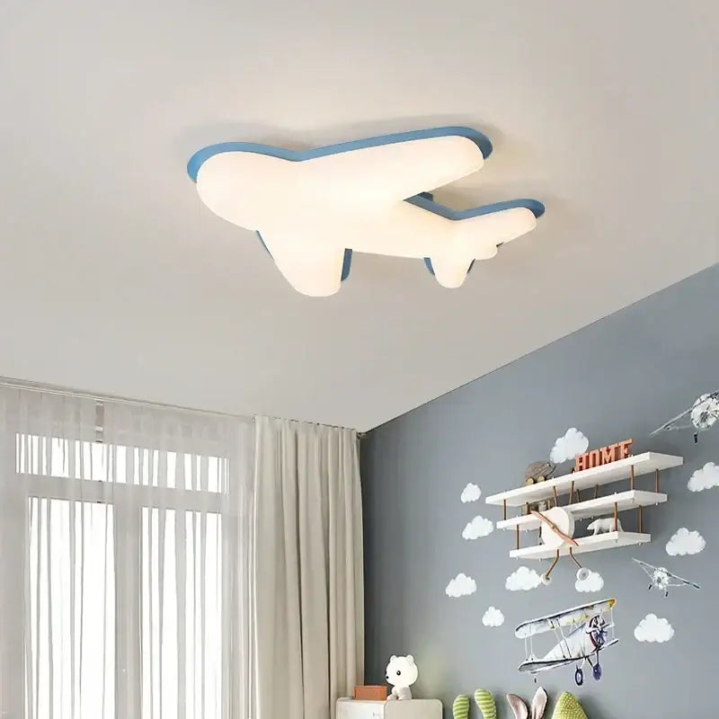 Off-white airplane ceiling chandelier with blue trim designed as a ceiling chandelier for children’s room lighting
