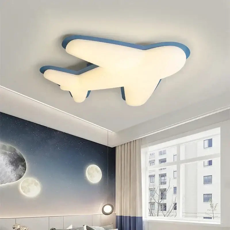 Off-white airplane ceiling chandelier with blue outline soft design for children’s rooms ceiling chandelier