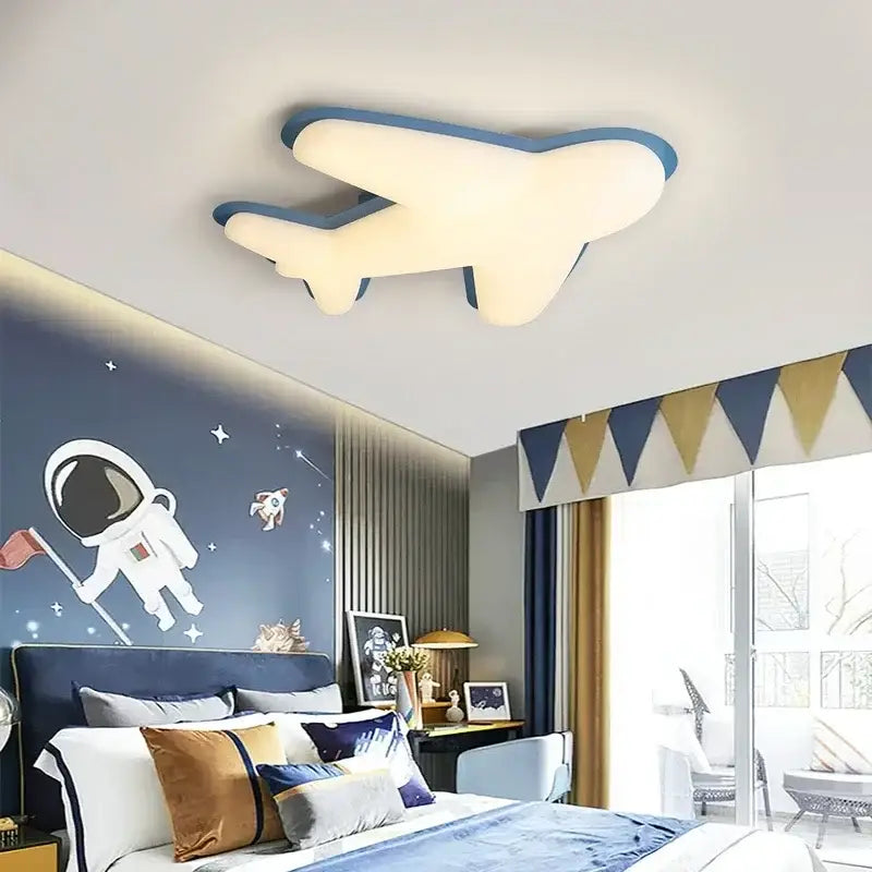 Off-white airplane ceiling chandelier with soft white light and blue outline for children’s room ceiling chandelier