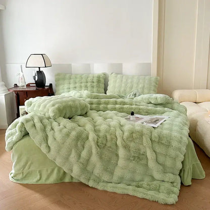 Soft mint green plush faux fur bedding set with textured fluffy material and matching pillows decorbites deluxe faux rabbit