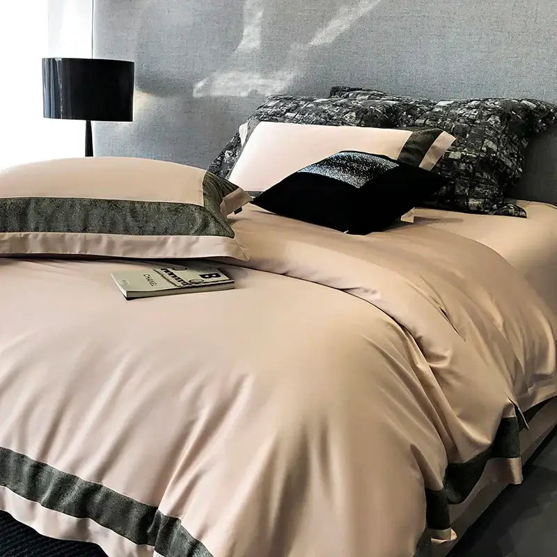 Beige satin duvet cover with dark green textured trim and matching pillowcases in olive and dark gray 1400tc Egyptian cotton bedding set