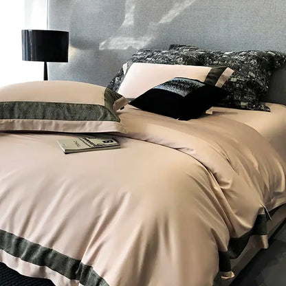 Beige satin duvet cover with dark green textured trim and matching pillowcases in olive and dark gray 1400tc Egyptian cotton bedding set