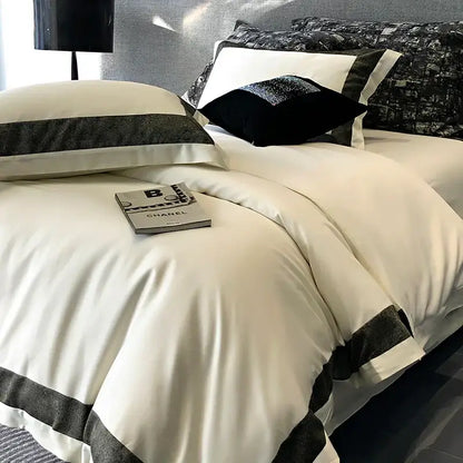 Cream-colored satin duvet cover with charcoal gray trim in olive and dark gray 1400tc egyptian cotton bedding set