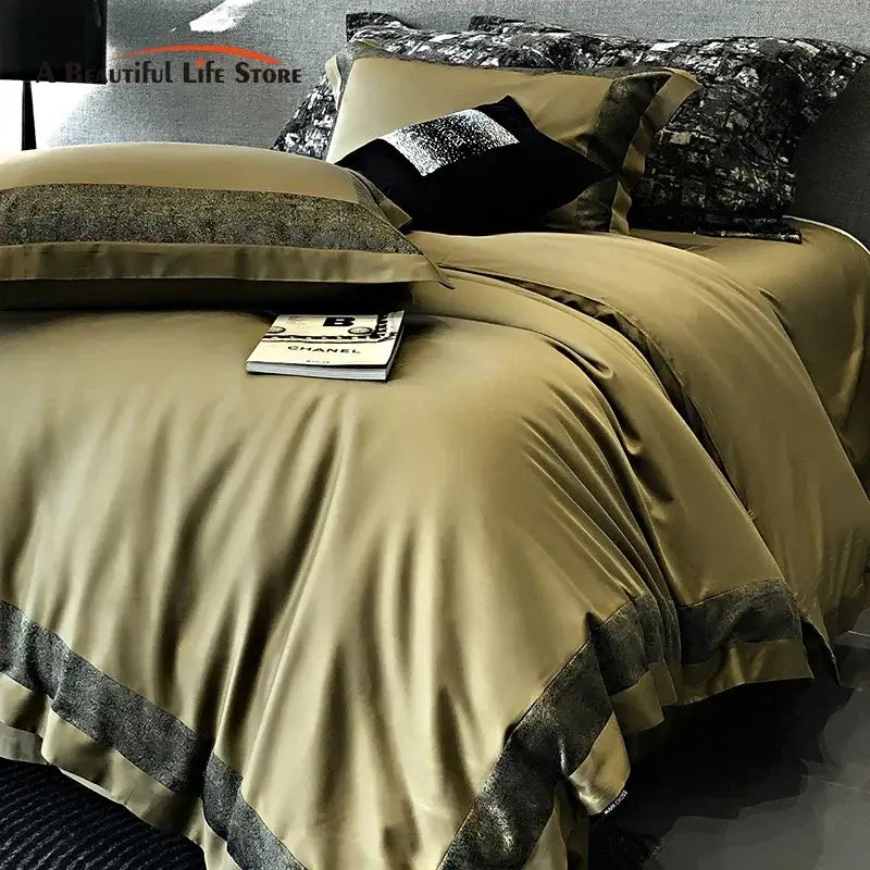 Olive-green satin duvet cover with dark gray velvet trim in decorbites 1400tc egyptian cotton bedding set