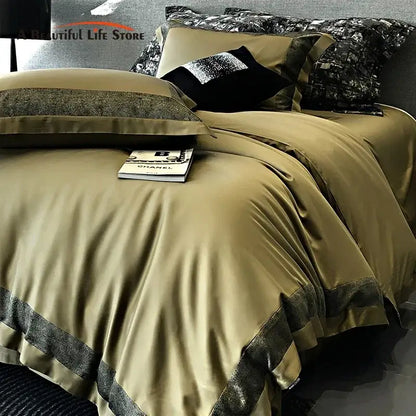 Olive-green satin duvet cover with dark gray velvet trim in decorbites 1400tc egyptian cotton bedding set
