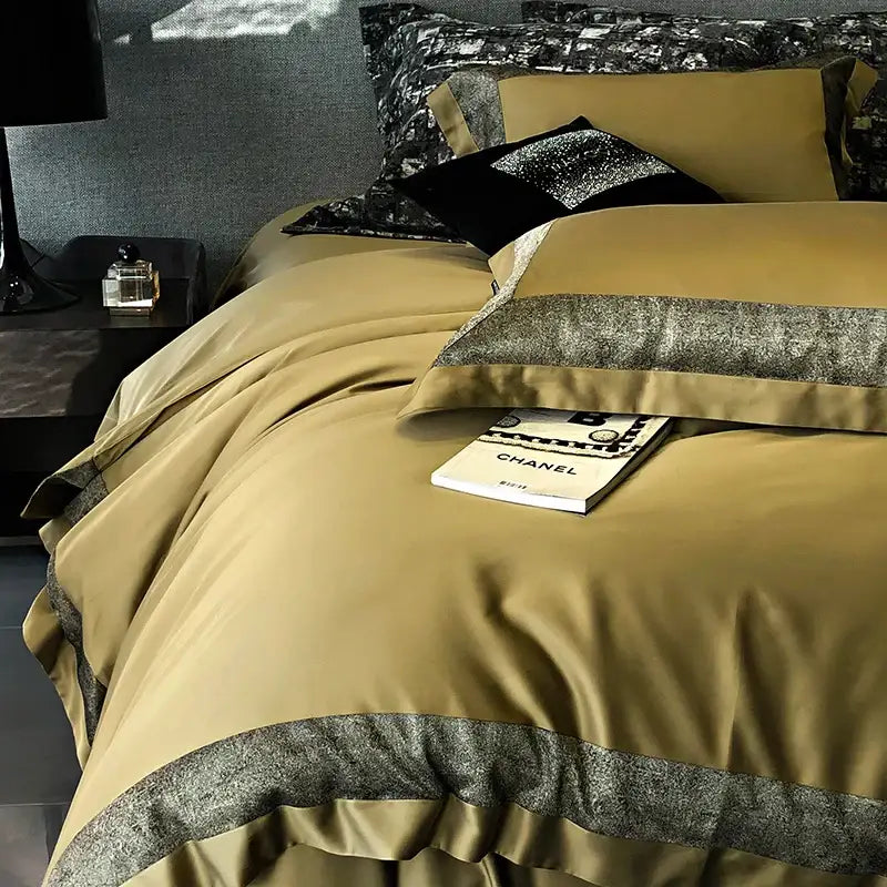 Olive and dark gray bedding set with olive-green satin and metallic gray ruffled trim decorbites 1400tc egyptian cotton
