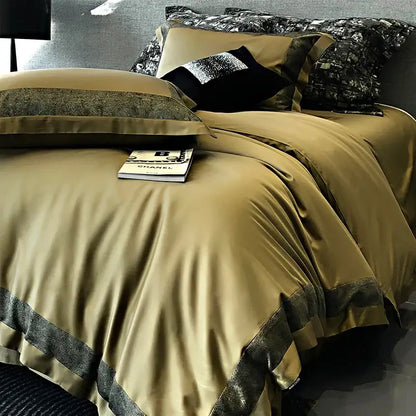 Olive green satin duvet cover bedding set with dark gray trim and matching pillows in decorbites 1400tc egyptian cotton