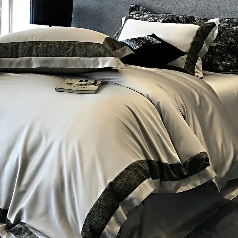 Silk duvet cover with silver sheen and dark charcoal velvet trim in olive and dark gray decorbites 1400tc egyptian cotton bedding set