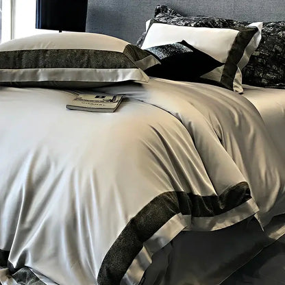 Silk duvet cover with silver sheen and dark charcoal velvet trim in olive and dark gray decorbites 1400tc egyptian cotton bedding set