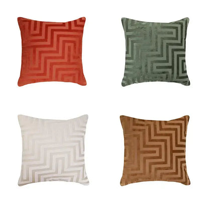 Set of four red olive green white and tan geometric jacquard throw pillowcases in textured velvet for living room decorbites geometric jacquard