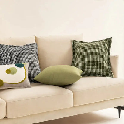 Beige velvet sofa with green and dark gray pillow covers and olive cream decorbites houndstooth jacquard cushion covers