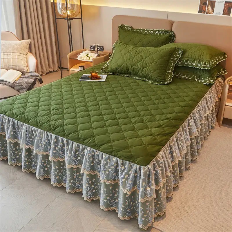 Olive green quilted bedspread with delicate lace ruffle trim in olive green and white floral bed skirt set
