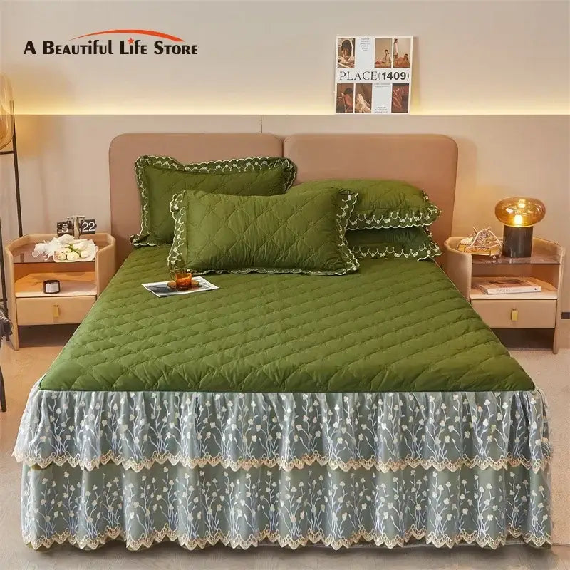 Olive green and white floral quilted bed skirt set with delicate embroidery and lace trim for bedroom decor