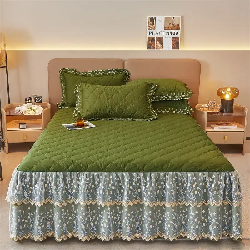 Olive green and white floral quilted bed skirt set with delicate light blue and cream lace trim for bedroom decor
