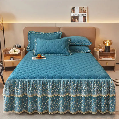 Teal quilted bed skirt set with floral embroidery and lace trim for olive green and white bedroom decor