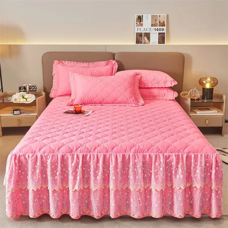 Pink quilted bed skirt with lace trim and floral embroidery from olive green and white floral bed skirt set