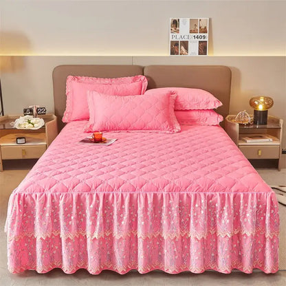 Pink quilted bed skirt with lace trim and floral embroidery from olive green and white floral bed skirt set