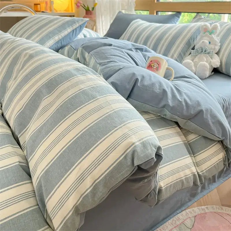 Blue and white striped duvet bedding set with cozy striped cotton texture in olive green and cream decorbites cozy striped kit