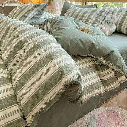 Cozy striped cotton bedding set in olive green and cream with soft textured fabric for comfortable bedroom decorbites cozy striped