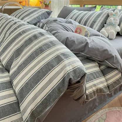 Gray and white striped duvet cover bedding set with soft textured fabric in decorbites cozy striped cotton collection