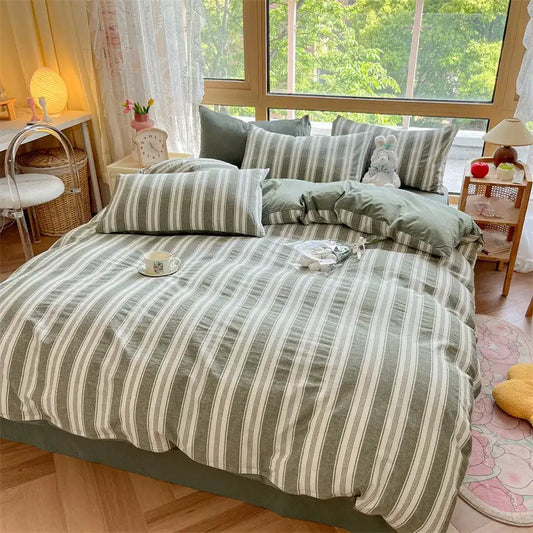 Olive green and cream cozy striped cotton bedding set with matching pillows from decorbites cozy striped quilt kit