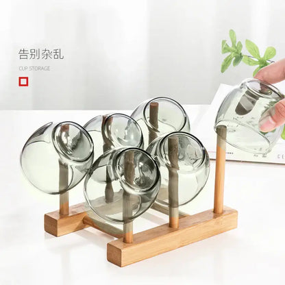 Olive green decorbites glass tea cup set with clear cups and wooden stands for kung fu tea dining room decor
