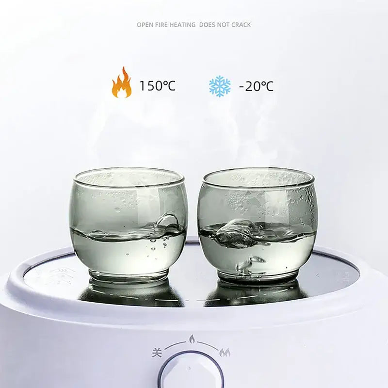 White electric hot water pot with two clear glass cups on heating surface from decorbites glass tea cup set
